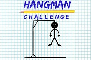 Desen simplu pe hârtie milimetrică cu un omuleț spânzurat sub cuvintele Hangman Challenge și un creion deasupra