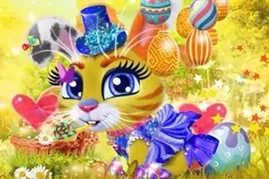 Un animăluț colorat, purtând o pălărie albastră și o rochie violetă, înconjurat de ouă decorative și baloane pe un fundal primăvăratic