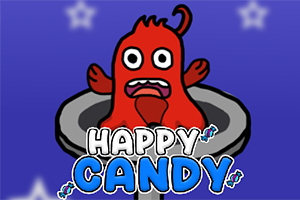 Un personaj roșu cu ochi mari într-un recipient, pe un fundal albastru cu stele, cu textul Happy Candy în prim-plan