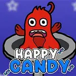 Un personaj roșu cu ochi mari într-un recipient, pe un fundal albastru cu stele, cu textul Happy Candy în prim-plan