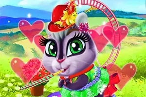 Pisică animată purtând o pălărie roșie cu flori, îmbrăcată colorat, cu ochi mari și un fundal cu inimioare și peisaj rural