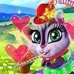 Pisică animată purtând o pălărie roșie cu flori, îmbrăcată colorat, cu ochi mari și un fundal cu inimioare și peisaj rural
