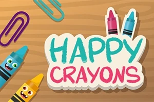 Creioane colorate cu fețe zâmbitoare și agrafe pe un fundal de lemn, însoțite de textul Happy Crayons