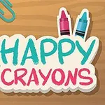 Creioane colorate cu fețe zâmbitoare și agrafe pe un fundal de lemn, însoțite de textul Happy Crayons