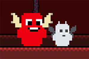 Două personaje pixelate, unul roșu cu coarne și unul alb cu aripi, pe un fundal întunecat