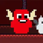 Două personaje pixelate, unul roșu cu coarne și unul alb cu aripi, pe un fundal întunecat