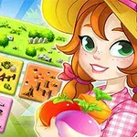 Fată cu pălărie care ține în mână legume, alături de piese colorate reprezentând câmpuri și obiecte diverse