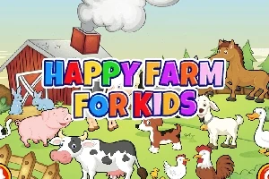 Desen animat cu animale de fermă, inclusiv vaci, cai, oi, capre și un hambar roșu, cu text colorat Happy Farm for Kids în centru