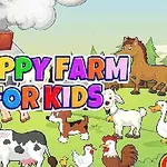 Desen animat cu animale de fermă, inclusiv vaci, cai, oi, capre și un hambar roșu, cu text colorat Happy Farm for Kids în centru