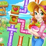 Personaj animat ținând legume, alături de un câine, pe un fundal cu țevi colorate și fructe