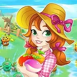 Tânără ilustrată cu păr roșcat și pălărie, ținând legume, pe un fundal rural colorat cu mori de vânt și câmpuri