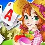 Fată cu pălărie și păr roșcat ținând legume, pe fundal cu cărți de joc și peisaj de munte