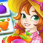 O fată cu pălărie galbenă zâmbește și ține legume colorate, pe fundalul unor piese de joc cu imagini de morcovi și fructe mov