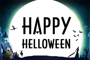 Textul „Happy Halloween” în fața unui fundal de lună plină, cu siluete de vrăjitoare, lilieci și case bântuite