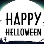 Textul „Happy Halloween” în fața unui fundal de lună plină, cu siluete de vrăjitoare, lilieci și case bântuite