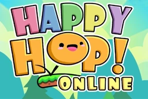 Text colorat HAPPY HOP ONLINE cu un personaj rotund și vesel pe fundal verde