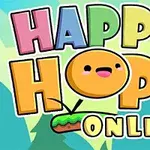 Text colorat HAPPY HOP ONLINE cu un personaj rotund și vesel pe fundal verde