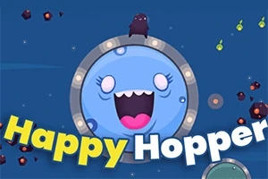 Un cerc albastru cu față zâmbitoare, înconjurat de stele și texte colorate Happy Hopper