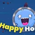 Un cerc albastru cu față zâmbitoare, înconjurat de stele și texte colorate Happy Hopper