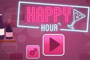 Text negru pe fundal roz care scrie Happy Hour alături de o pictogramă cu un pahar de cocktail și două butoane interfață, unul cu un simbol de redare și altul cu setări, lângă sticle de vin