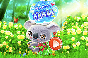 Un koala drăguț îmbrăcat într-o rochie colorată se află într-un cadru luminos și plin de flori galbene, având un buton de redare în față și un banner cu textul Happy Koala deasupra