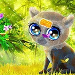 Un animal mic și drăguț cu urechi mari și coadă lungă, având ochi mari și strălucitori, stă într-o pădure luminoasă, înconjurat de flori și licurici