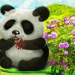 Panda adorabil mâncând un desert într-un cadru plin de flori colorate