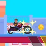 Un bărbat pe o motocicletă colectează o monedă strălucitoare pe o platformă, având clădiri și cer albastru în fundal