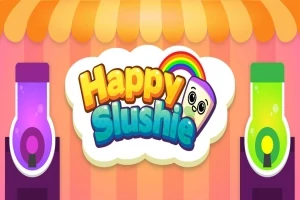 Textul Happy Slushie într-un design colorat cu un curcubeu și două aparate de suc colorate pe lateral, pe un fundal portocaliu și roz