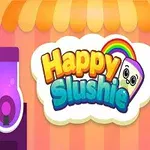 Textul Happy Slushie într-un design colorat cu un curcubeu și două aparate de suc colorate pe lateral, pe un fundal portocaliu și roz