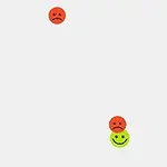 Trei fețe emoji, două triste roșii și una zâmbitoare verde, sunt plasate pe un fundal alb