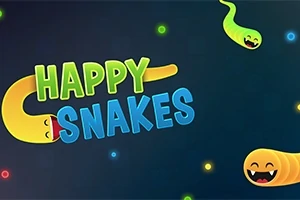 Pe un fundal albastru închis sunt doi șerpi colorați și zâmbitori, înconjurați de puncte luminoase și textul „HAPPY SNAKES”