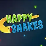 Pe un fundal albastru închis sunt doi șerpi colorați și zâmbitori, înconjurați de puncte luminoase și textul „HAPPY SNAKES”