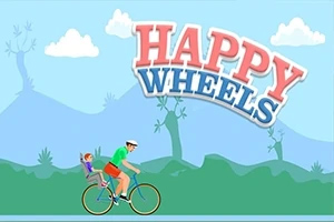 Un om pe bicicletă purtând o cască, cu un copil în spate, pe un fundal albastru cu nori și titlul Happy Wheels deasupra