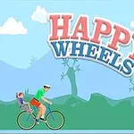 Un om pe bicicletă purtând o cască, cu un copil în spate, pe un fundal albastru cu nori și titlul Happy Wheels deasupra