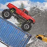 Camion roșu de tip monster truck trece peste un container albastru, într-un peisaj montan acoperit de zăpadă, în timp ce o mașină galbenă se află în apropiere