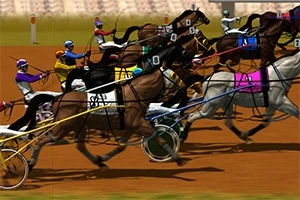 Curse de cai cu trap, cu mai mulți cai și jockey la linia de start pe o pistă de curse