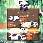 Panda și tigri stilizați aranjați pe o grilă într-o pădure de bambus, cu un panda deasupra