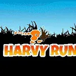 Siluetă neagră de iarbă pe fundal albastru cu un personaj portocaliu și textul HARVY RUNNER în partea de jos