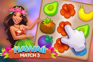 Femeie în costumul tradițional hawaian zâmbește și arată spre o grilă cu fructe tropicale și flori, având lângă ea textul Hawaii Match 3