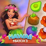 Femeie în costumul tradițional hawaian zâmbește și arată spre o grilă cu fructe tropicale și flori, având lângă ea textul Hawaii Match 3
