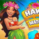 Femeie zâmbitoare îmbrăcată în stil hawaian și un semn colorat cu text Hawaii Match 4 decorat cu flori tropicale