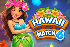 Fată hawaiană cu coroniță de flori și fustă verde, lângă textul colorat „HAWAII MATCH 6