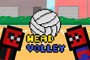 Grafică pixelată cu două personaje cubice, o minge de volei și textul Head Volley pe un teren de joc colorat