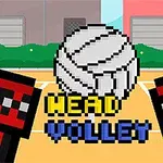 Grafică pixelată cu două personaje cubice, o minge de volei și textul Head Volley pe un teren de joc colorat