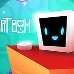 Un cub alb cu un ecran negru și față zâmbitoare, pe o platformă roșie, cu textul Heart Box în stânga