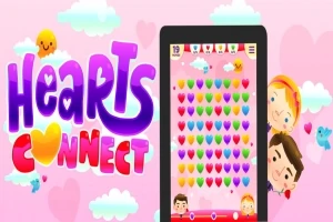 Desen colorat cu text stilizat Hearts Connect, figuri de copii și inimioare colorate pe un ecran de tabletă, pe fundal roz cu nori
