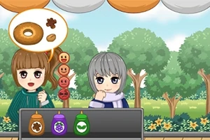 Două personaje animate discută lângă un stand cu siropuri, pe fundalul unui parc cu copaci