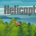 Helicopter Elicopter pixelat zburând deasupra unei păduri, cu textul Helicopter deasupra, pe un fundal care include cer și munți