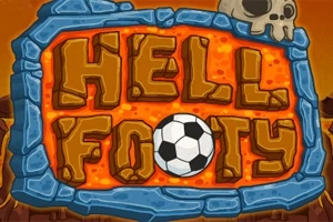 Textul HELL FOOTY scris cu litere mari pe un fundal de lavă încadrat de pietre albastre, cu o minge de fotbal și un craniu deasupra